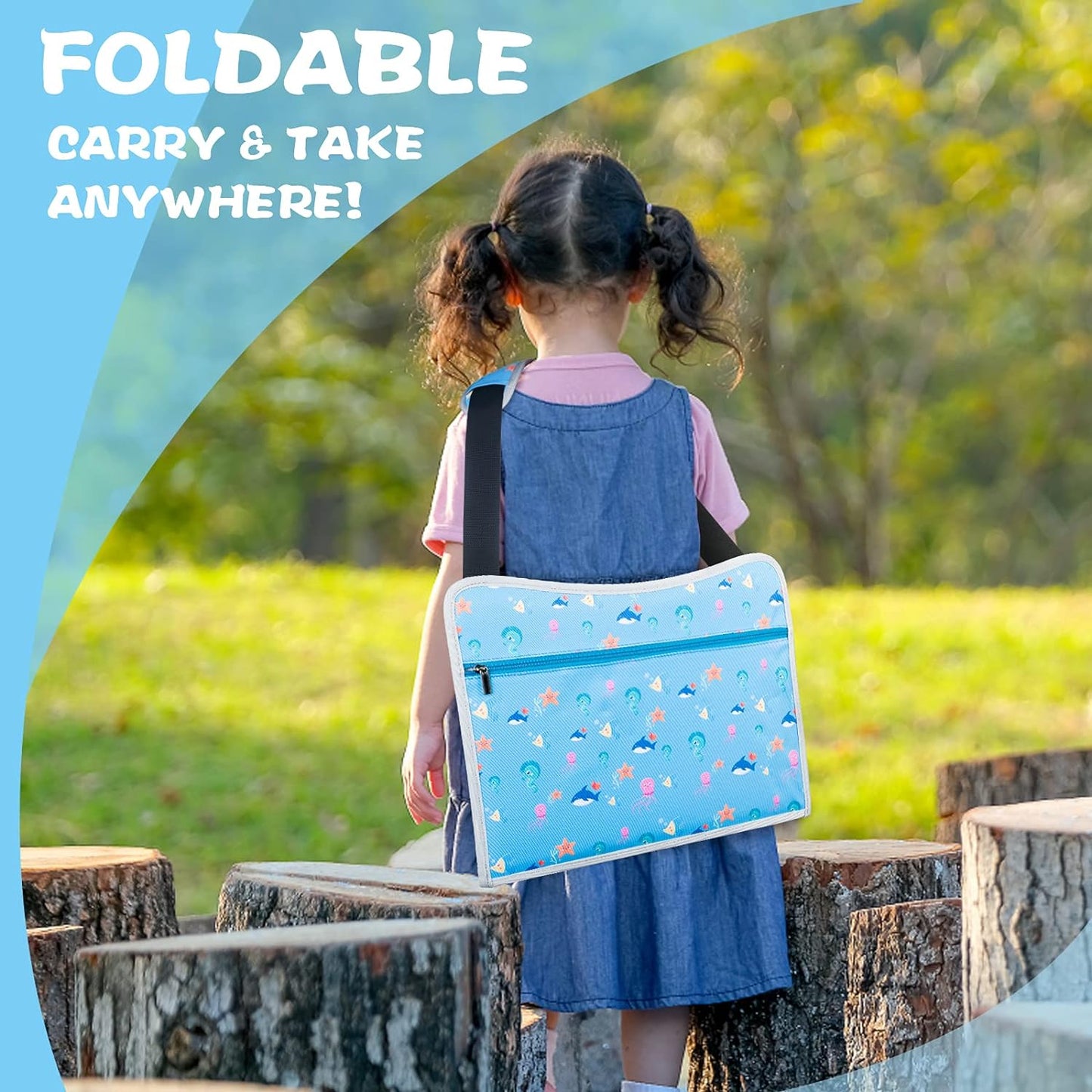 Kids Travel Tray, Car Seat Tray for Kids Travel, Toddler Essentials Girls with Tablet Holder, Road Trip Essentials with Cooler Cup Holder, Dry Erase Board & Storage Pocket for Airplane, Blue