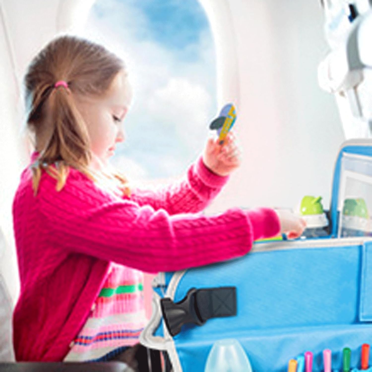 Kids Travel Tray, Car Seat Tray for Kids Travel, Toddler Essentials Girls with Tablet Holder, Road Trip Essentials with Cooler Cup Holder, Dry Erase Board & Storage Pocket for Airplane, Blue