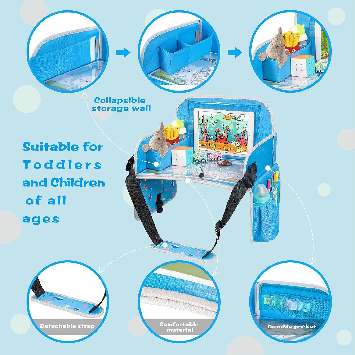 Kids Travel Tray, Car Seat Tray for Kids Travel, Toddler Essentials Girls with Tablet Holder, Road Trip Essentials with Cooler Cup Holder, Dry Erase Board & Storage Pocket for Airplane, Blue