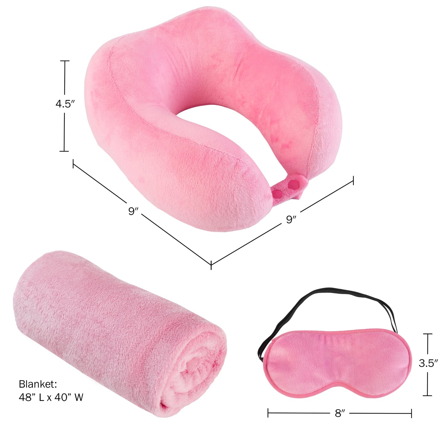 Travel Neck Pillow Set with Fleece Blanket and Eye Mask, Pink