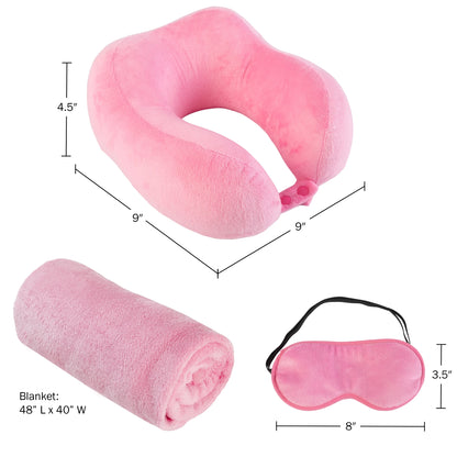 Travel Neck Pillow Set with Fleece Blanket and Eye Mask, Pink