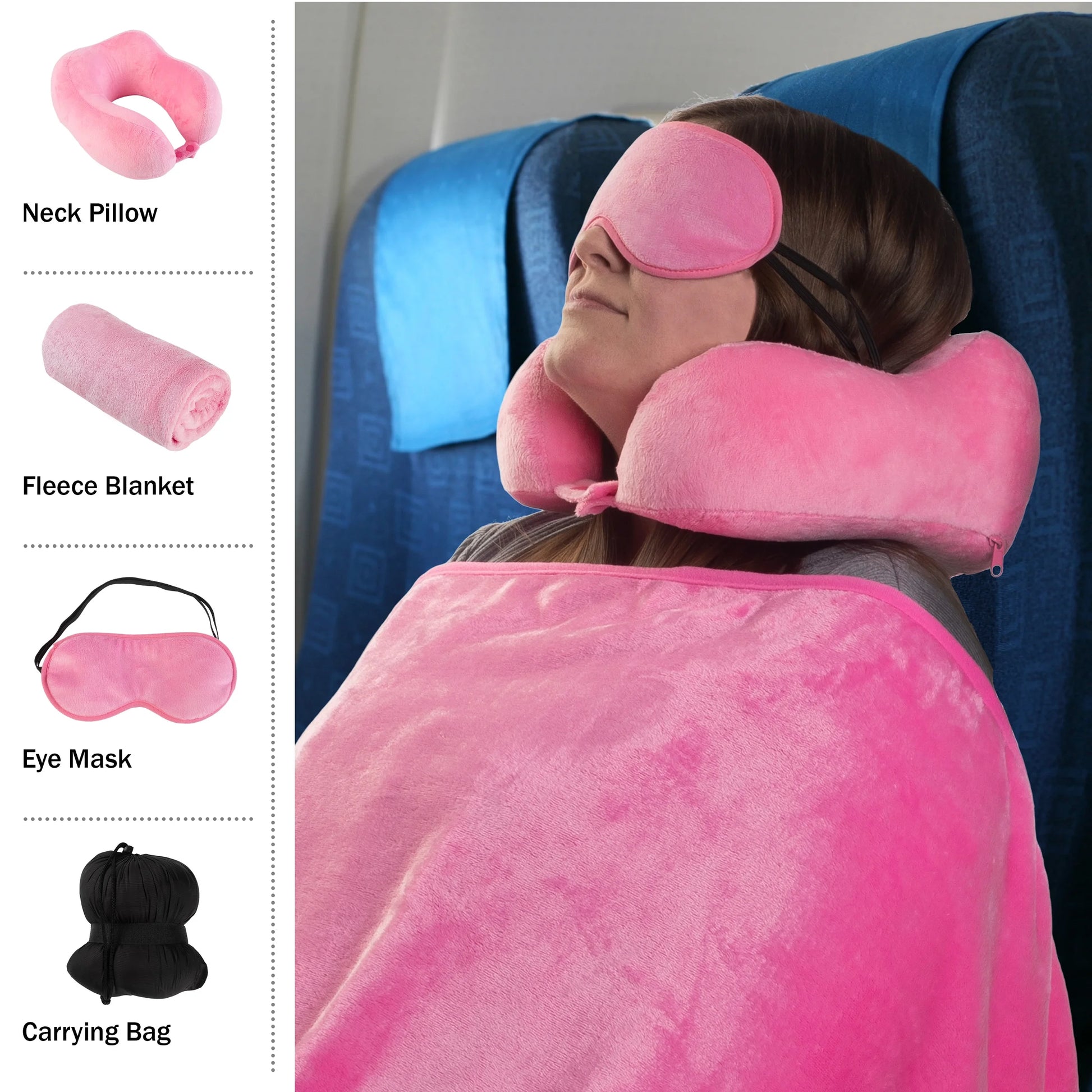 Travel Neck Pillow Set with Fleece Blanket and Eye Mask, Pink