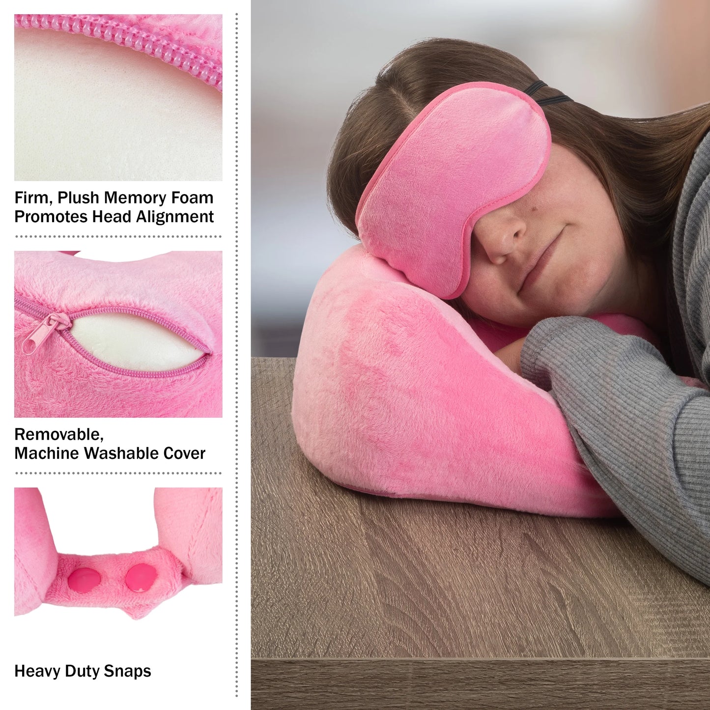 Travel Neck Pillow Set with Fleece Blanket and Eye Mask, Pink