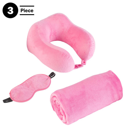 Travel Neck Pillow Set with Fleece Blanket and Eye Mask, Pink