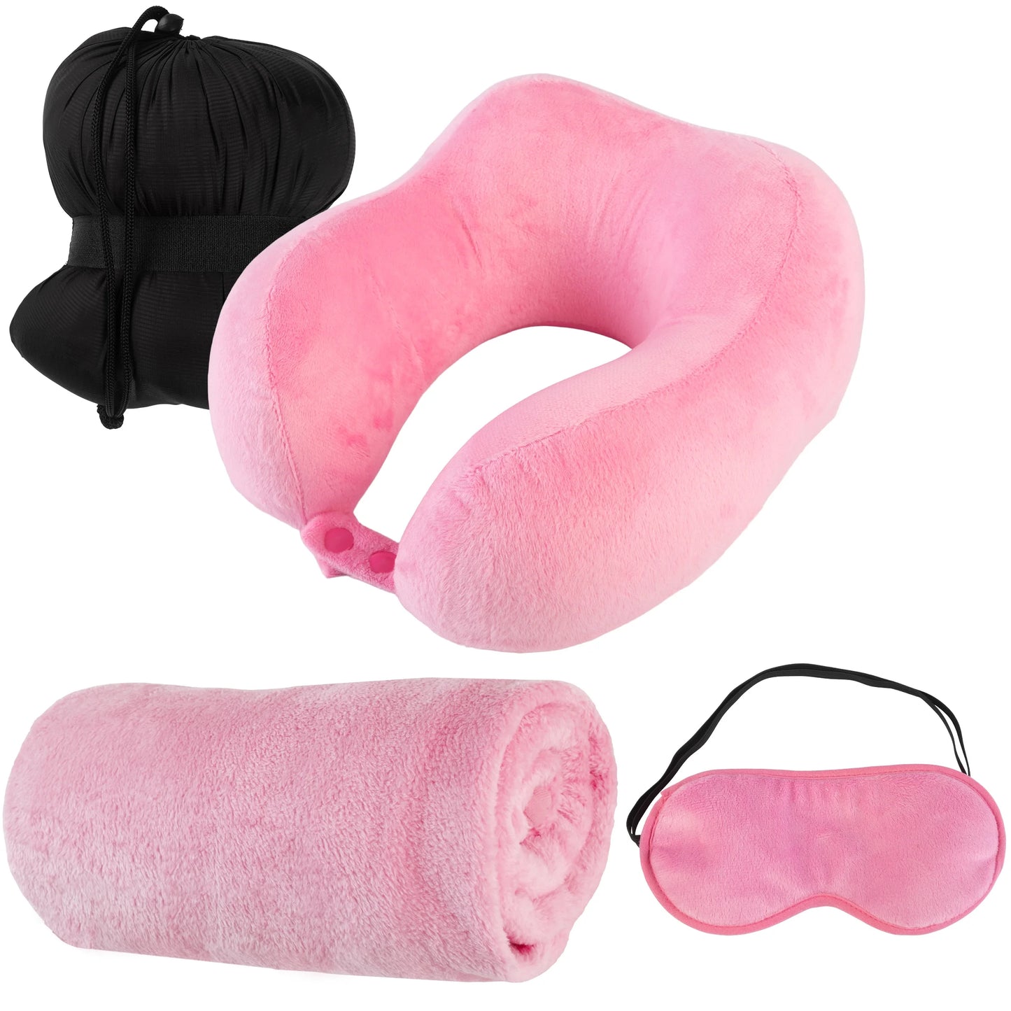 Travel Neck Pillow Set with Fleece Blanket and Eye Mask, Pink