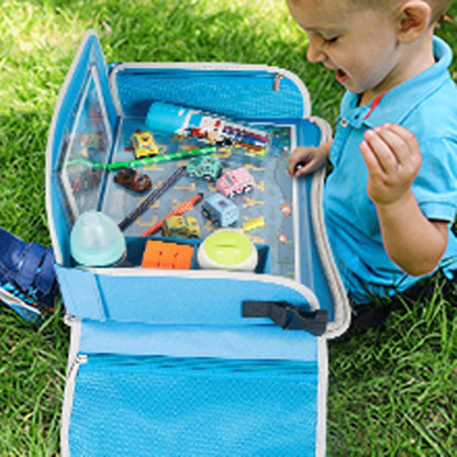Kids Travel Tray, Car Seat Tray for Kids Travel, Toddler Essentials Girls with Tablet Holder, Road Trip Essentials with Cooler Cup Holder, Dry Erase Board & Storage Pocket for Airplane, Blue