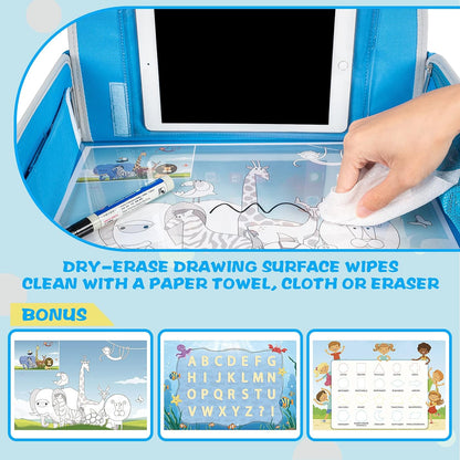 Kids Travel Tray, Car Seat Tray for Kids Travel, Toddler Essentials Girls with Tablet Holder, Road Trip Essentials with Cooler Cup Holder, Dry Erase Board & Storage Pocket for Airplane, Blue