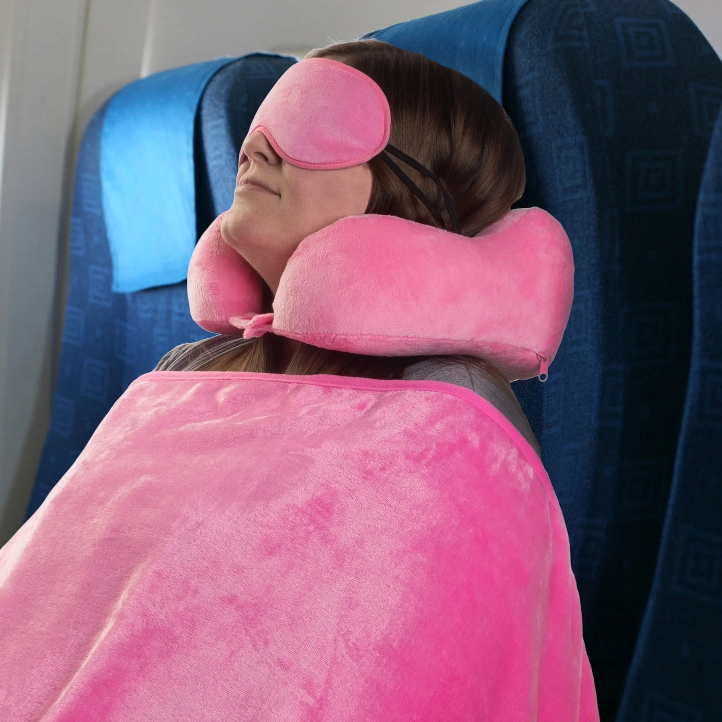 Travel Neck Pillow Set with Fleece Blanket and Eye Mask, Pink